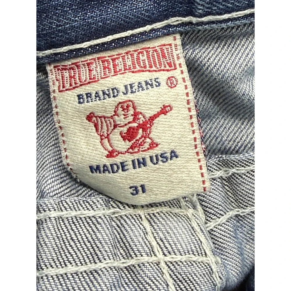 True Religion Jeans Mens Measured 34x33 Blue Bootcut Relaxed Distressed Logo